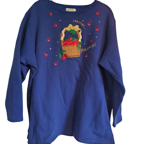 Vintage 90s Cherry Cherries Embroidered Navy Blue Sweatshirt Kitschy Maximalist - Picture 1 of 14